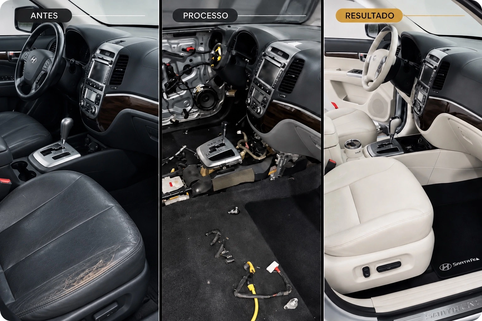 Antes, processo e resultado de personalização de interior automotivo em Hyundai Santa Fe
